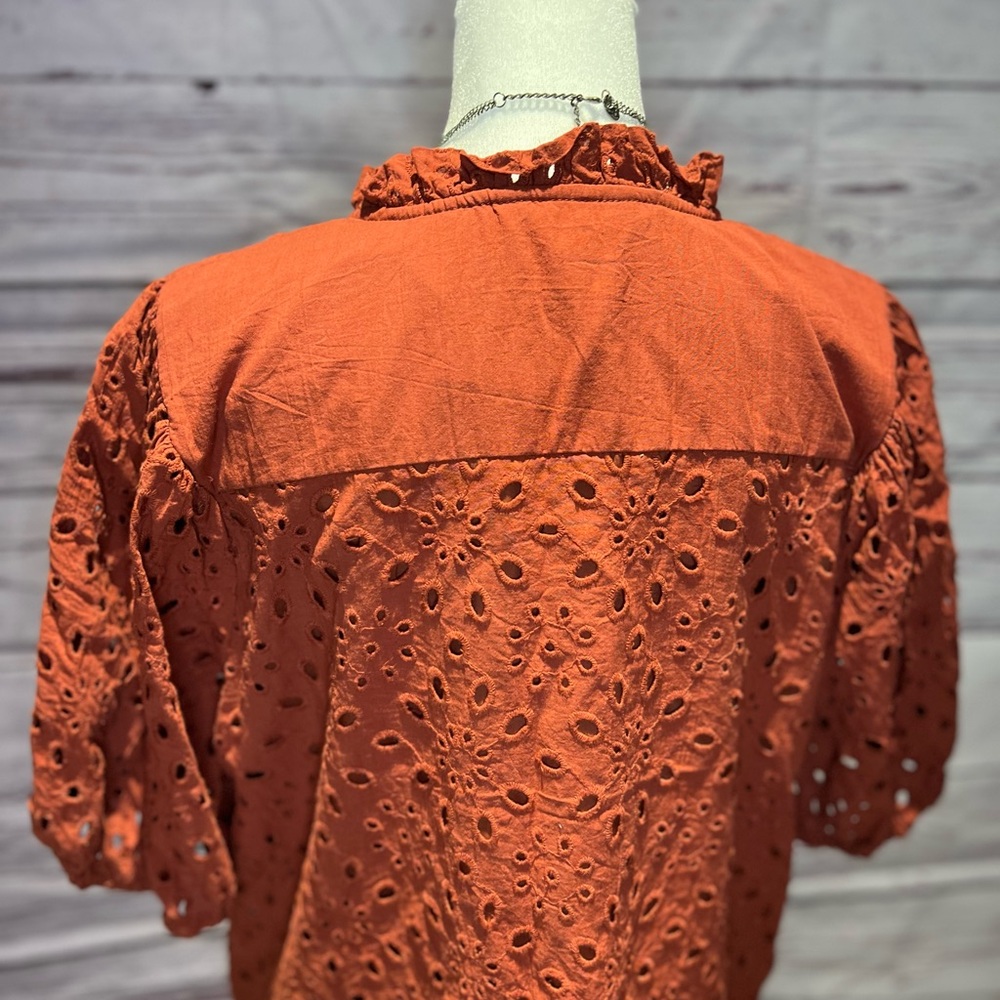 Women’s Eyelet Puff-Sleeve Blouse — Rust - Picture 7 of 10